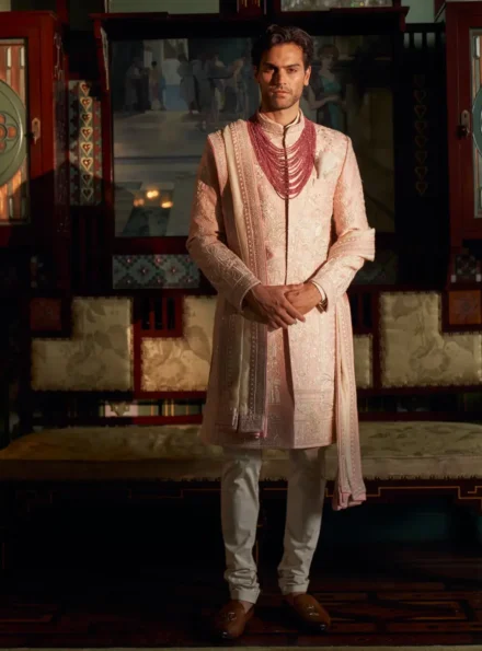 Peach Embroidered Sherwani