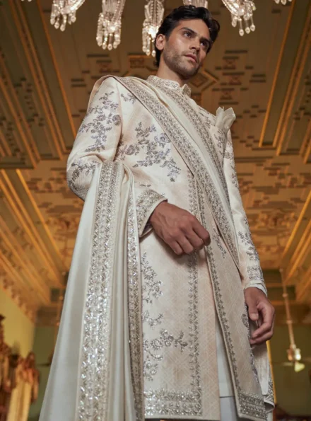 Cream Embroidered Sherwani