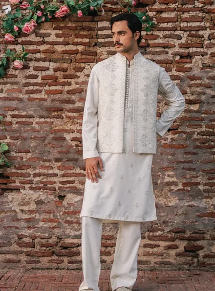 Pearl White Embroidered Waist Coat