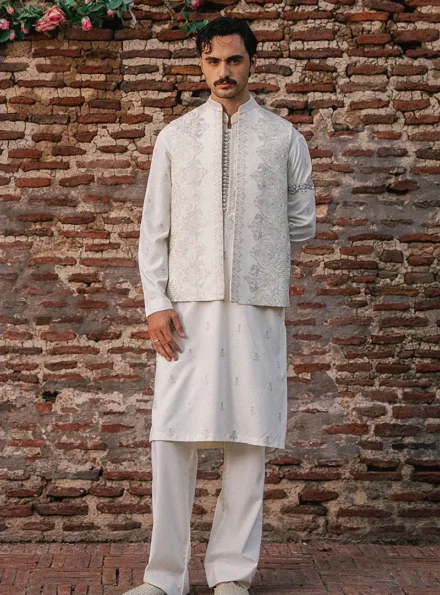 Pearl White Embroidered Waist Coat