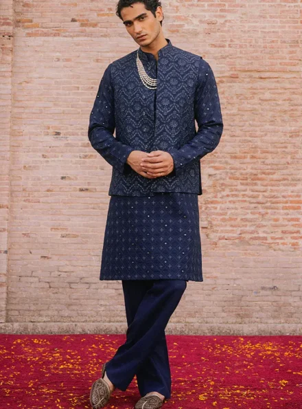 French Navy Blue Embroidered Waist Coat