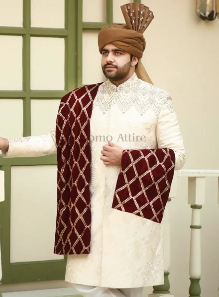 Sherwani with Maroon Shawl