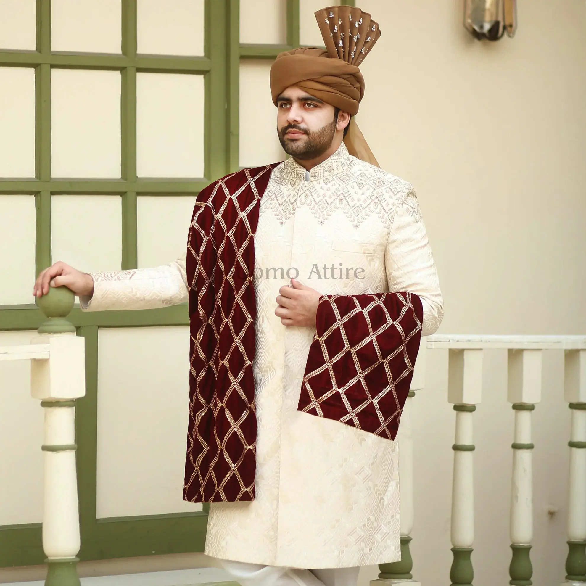 Sherwani with Maroon Shawl Sherwani with Maroon Shawl