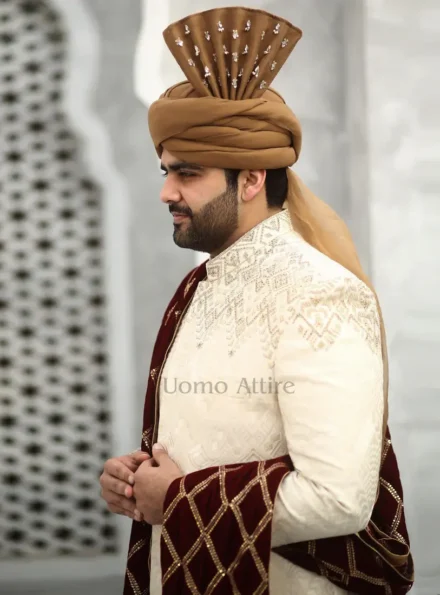 Sherwani with Maroon Shawl