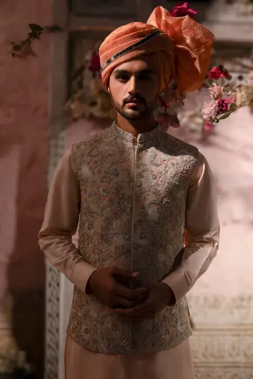 Embroidered Peach Waistcoat for Men Embroidered Peach Waistcoat for Men