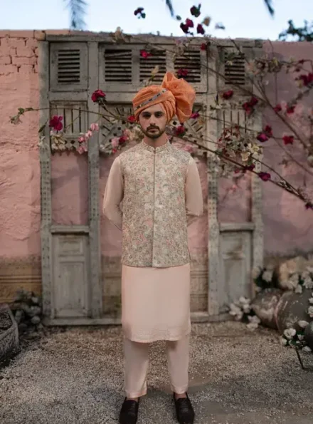 Embroidered Peach Waistcoat for Men