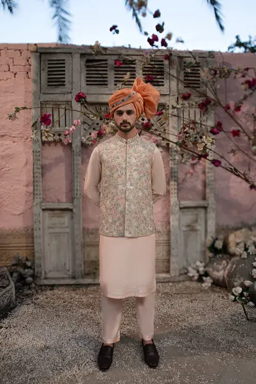 Embroidered Peach Waistcoat for Men Embroidered Peach Waistcoat for Men