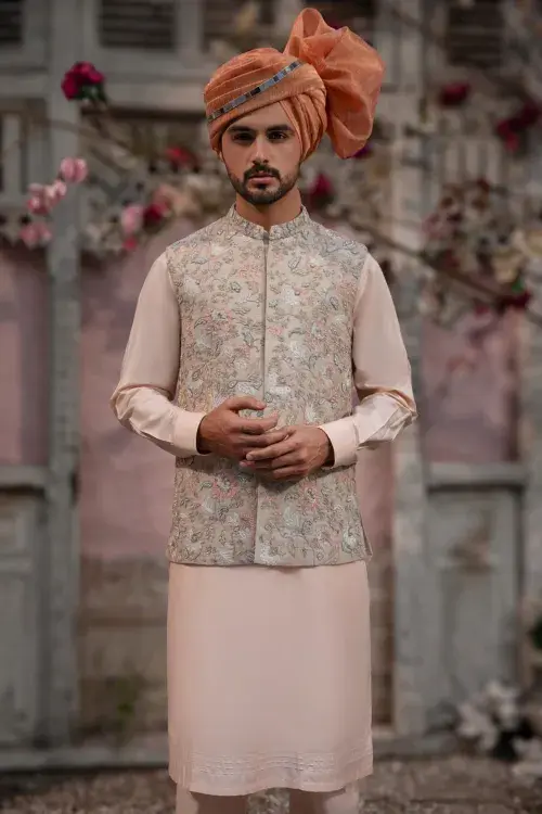 Embroidered Peach Waistcoat for Men Embroidered Peach Waistcoat for Men
