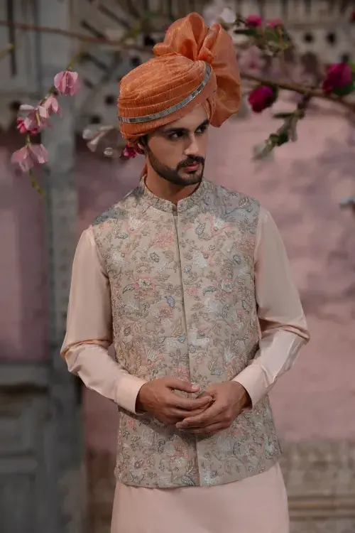 Embroidered Peach Waistcoat for Men Embroidered Peach Waistcoat for Men