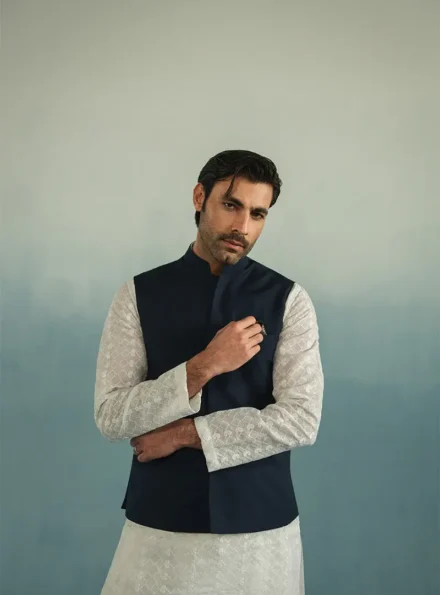 Embroidered Navy Blue Waistcoat