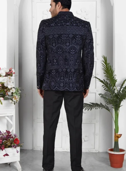 Navy Blue Velvet Embroidered 3 Piece Suit