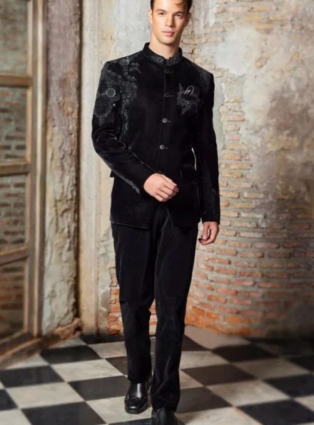 Designer Black Velvet Embroidered 3 Piece Suit