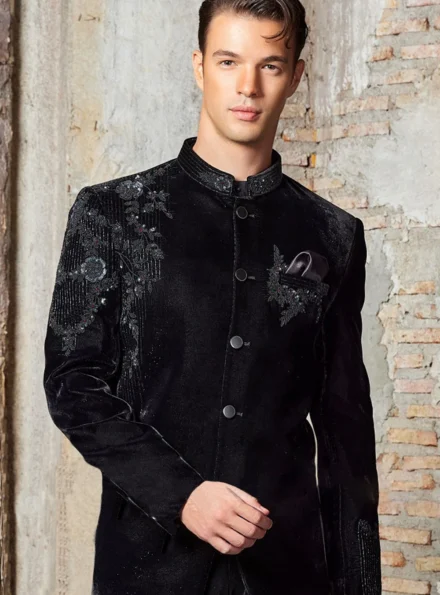 Designer Black Velvet Embroidered 3 Piece Suit