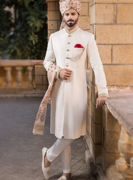 Off White Traditional Sherwani for Groom