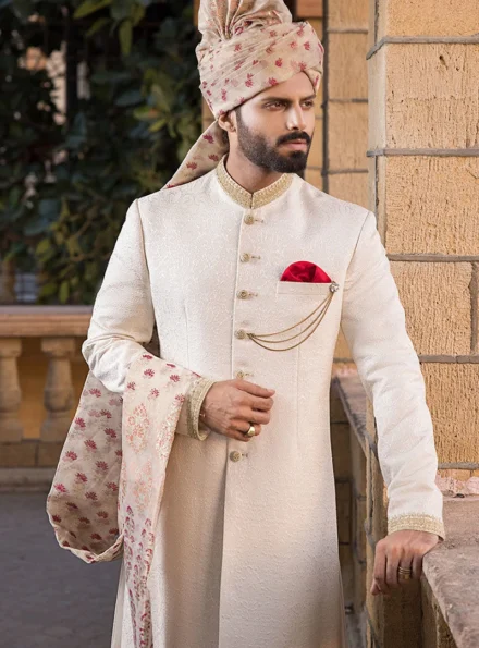 Off White Traditional Sherwani for Groom